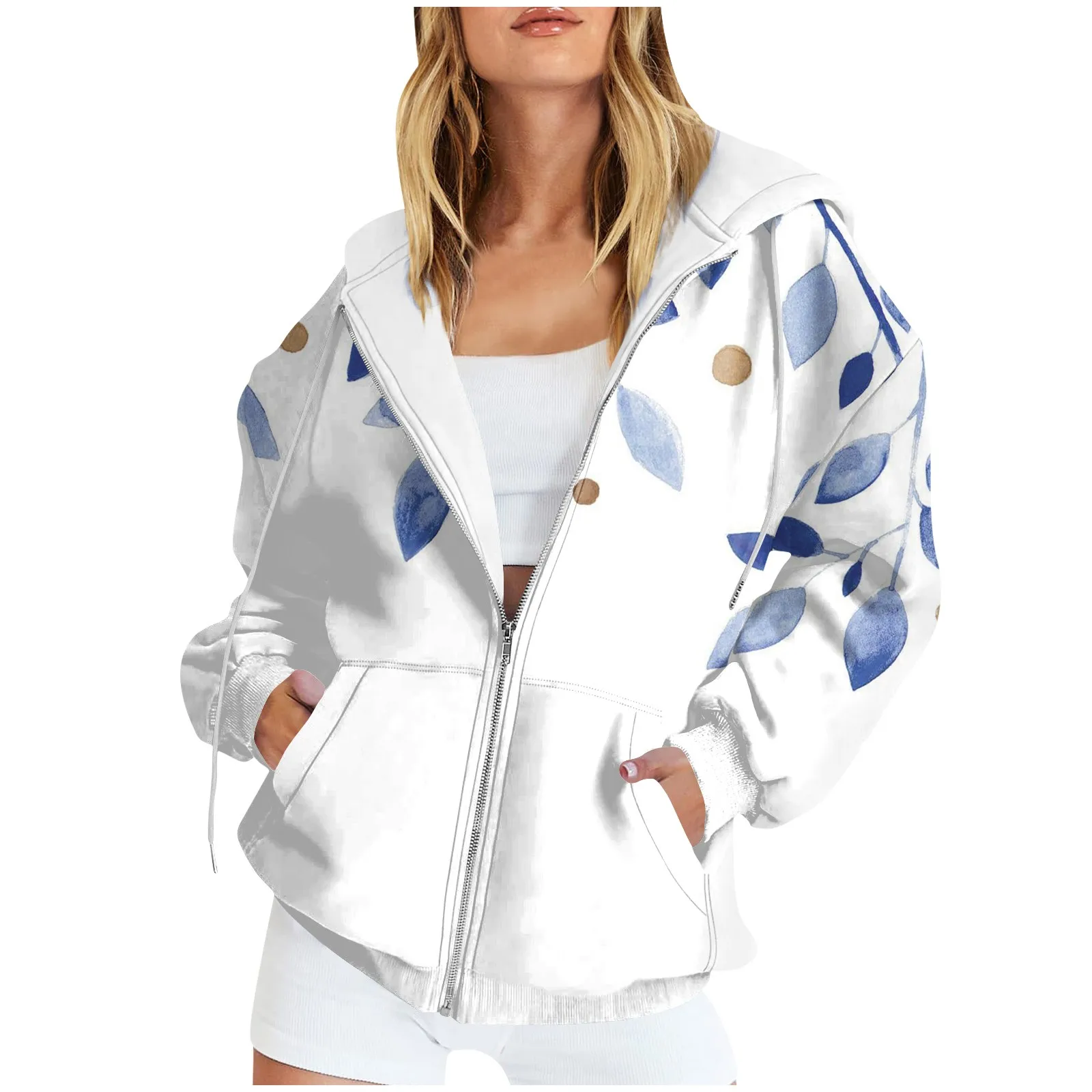 

Floral Print Hoodie Women Plain Korean Fashion Simple Sweatshirt Pockets Oversized Baggy Hoodie Drawstring Zip Up Coat Female
