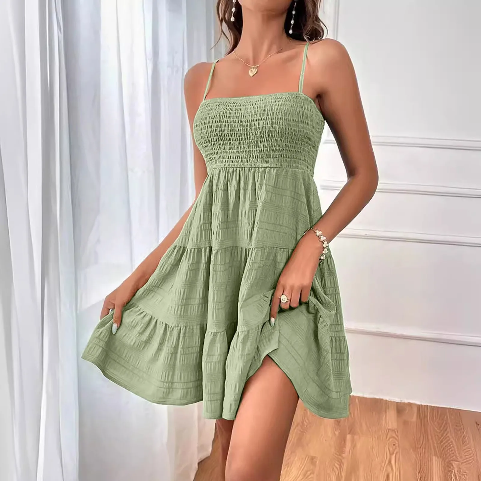 

Elegant Women's Sexy Backless Dress 2024 Summer Solid Color Beach Vacation Tiered Sleeveless Spaghetti Strap Casual Dresses