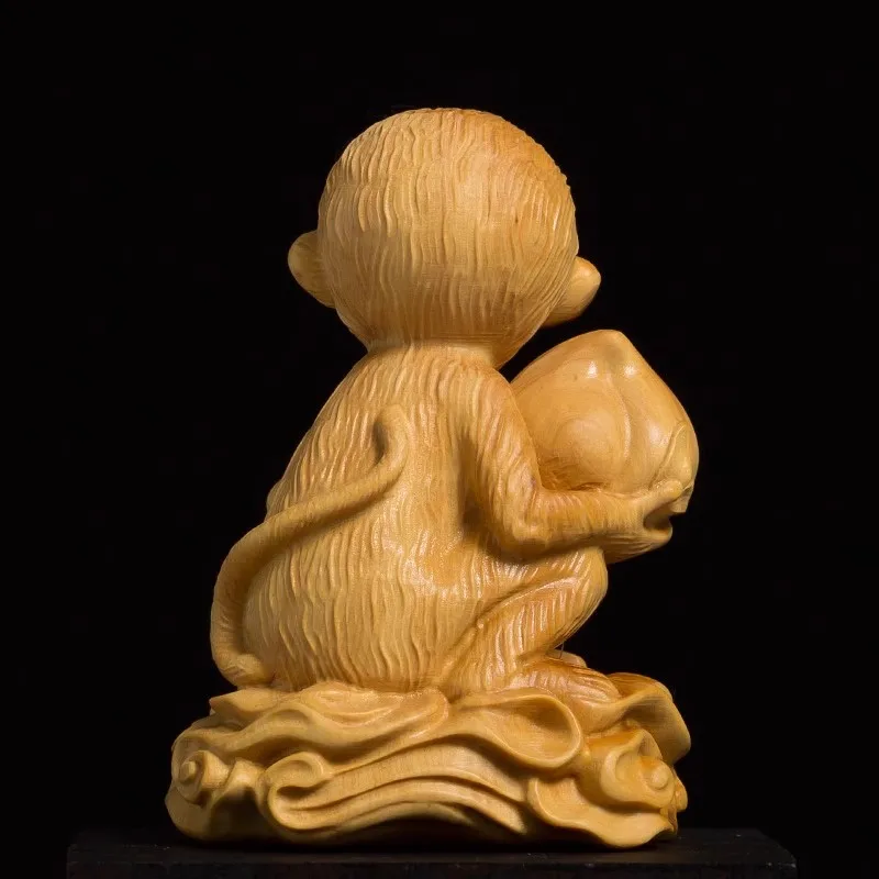 Huangyang wood carving handle piece creative living room decoration carving crafts cute zodiac ornaments monkey holding peach