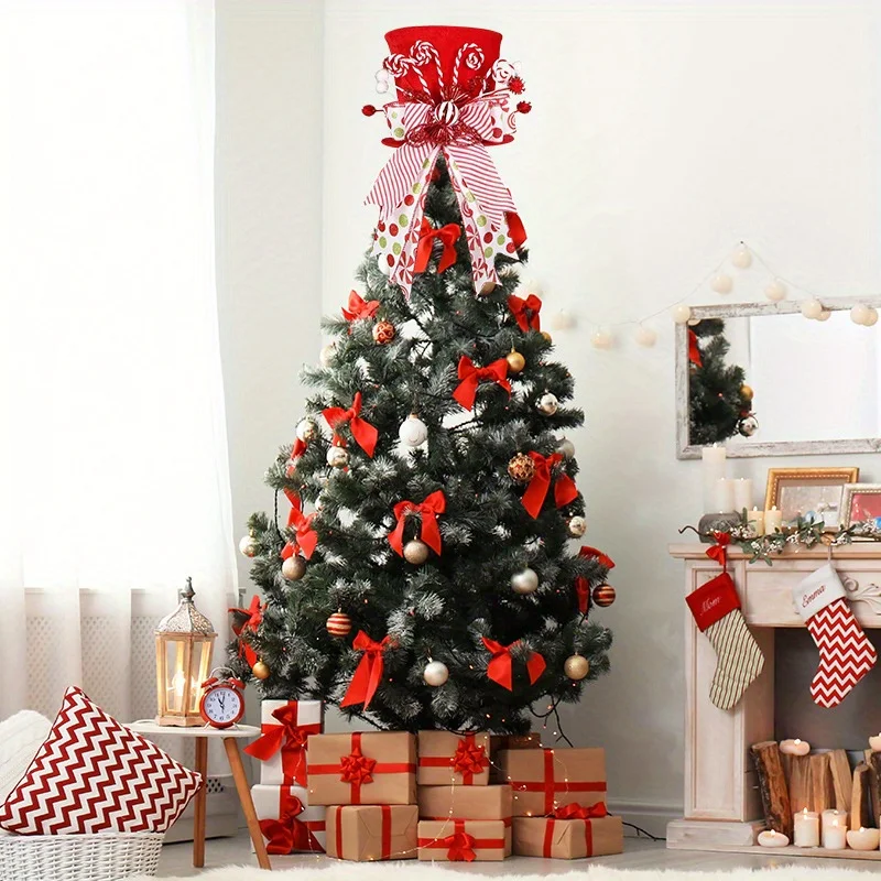 1PC Christmas Tree Decoration Hat with Bow and Ribbon Decorations, Christmas Atmosphere Decoration Props, Christmas Gifts