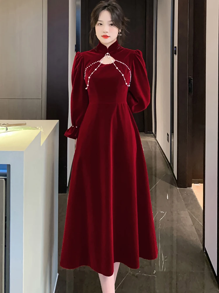 AutumnWinterRedVelvetThickWarmMidiDressWomenLuxuryChic