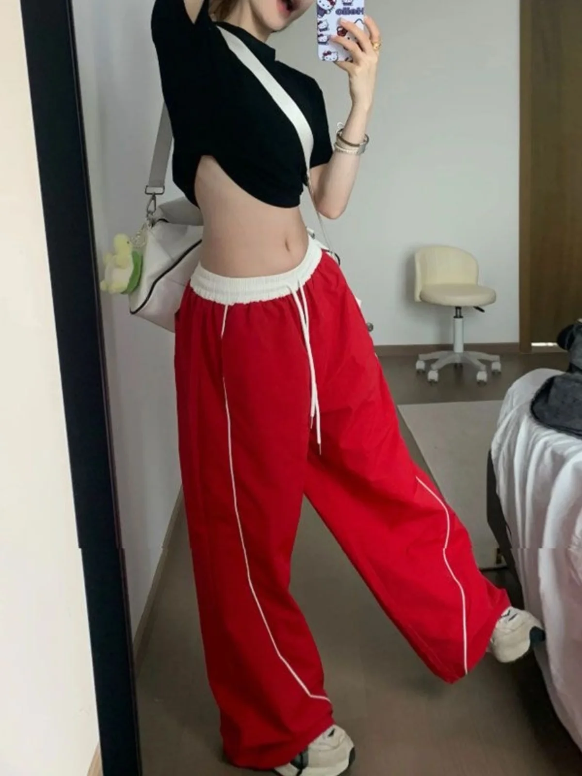 American Sle Work Pants Women's Summer Qui Dry Patchwork Red Wide Leg Pants Jazz Dance Casual Pants High Waist Long Pants