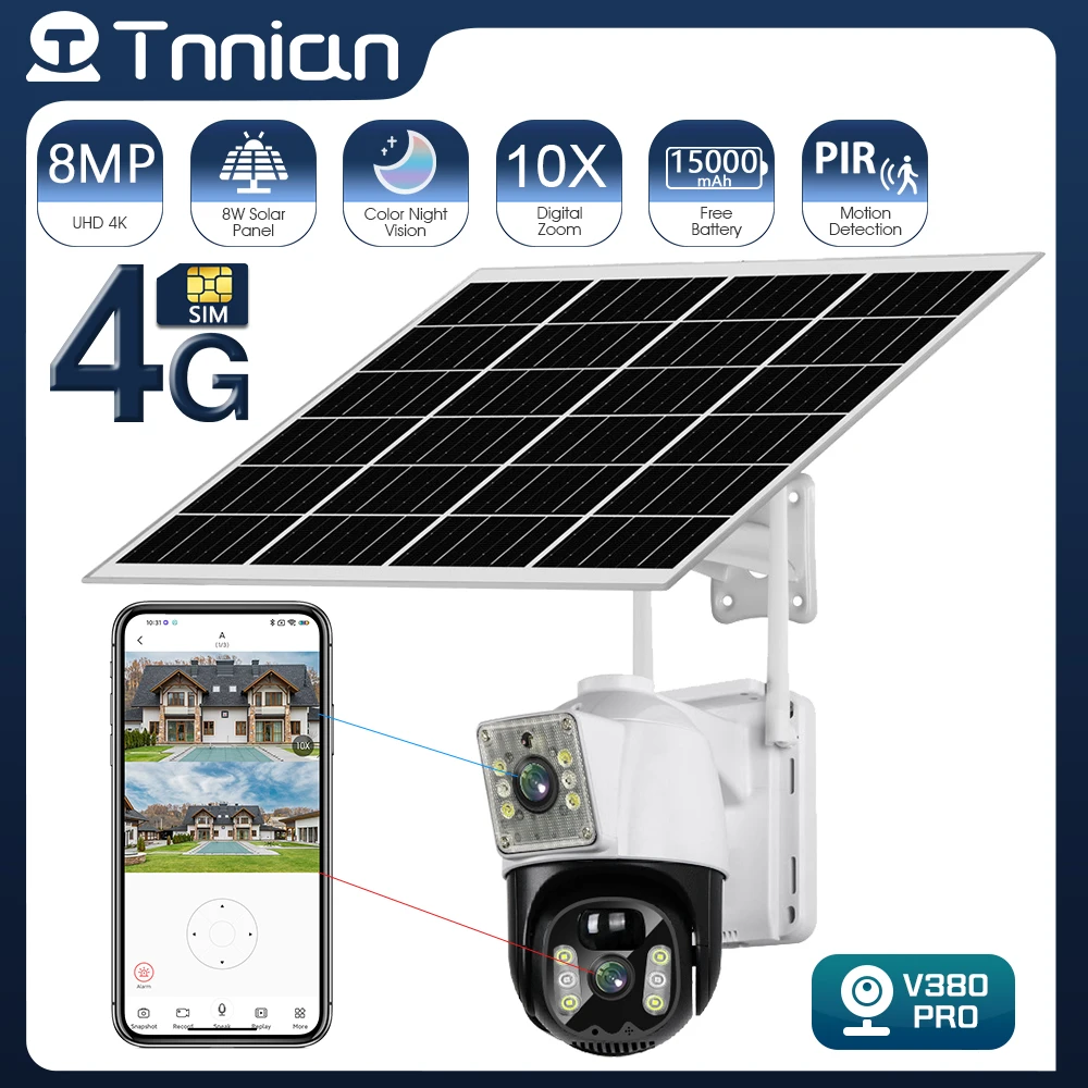 

Tnnian 4K 8MP 4G Dual Lens PTZ Solar Camera Dual Screen PIR Human Detection Outdoor Battery WIFI Secuity Surveillance IP Camera