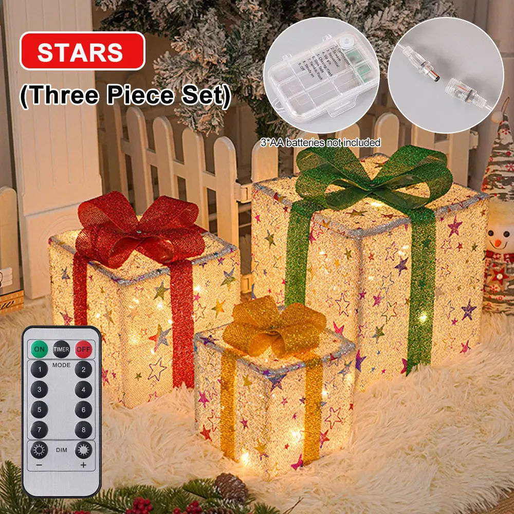 

E2 3PCS Luminous Christmas Gift Box 8 Modes Lighted Up Outdoor Christmas Decor With Bow Holiday Christmas Tree Home Yard Decor