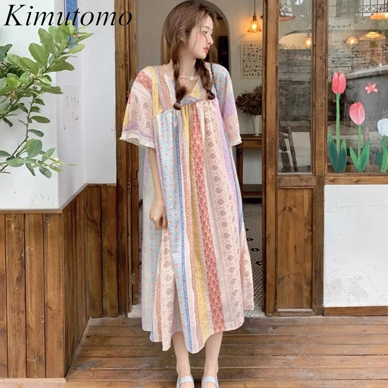 

Платье Kimutomo в этническом пасторальном стиле с коротким рукавом контрастные свободные платья в полоску с цветочным принтом корейские платья с V-образным вырезом и кисточками