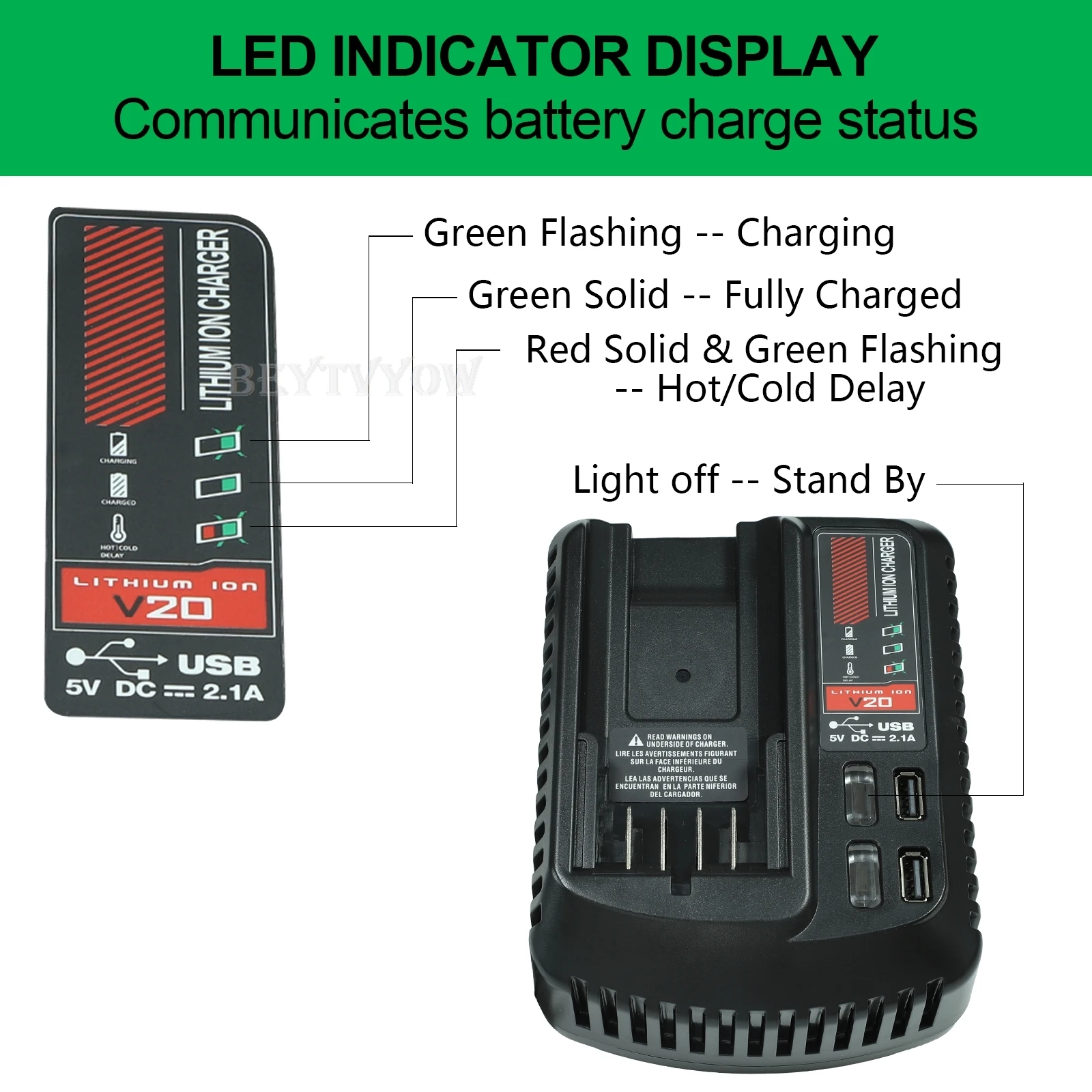 Fast Battery Charger Compatible with Craftsman 20V Battery With Dual USB Port Ch