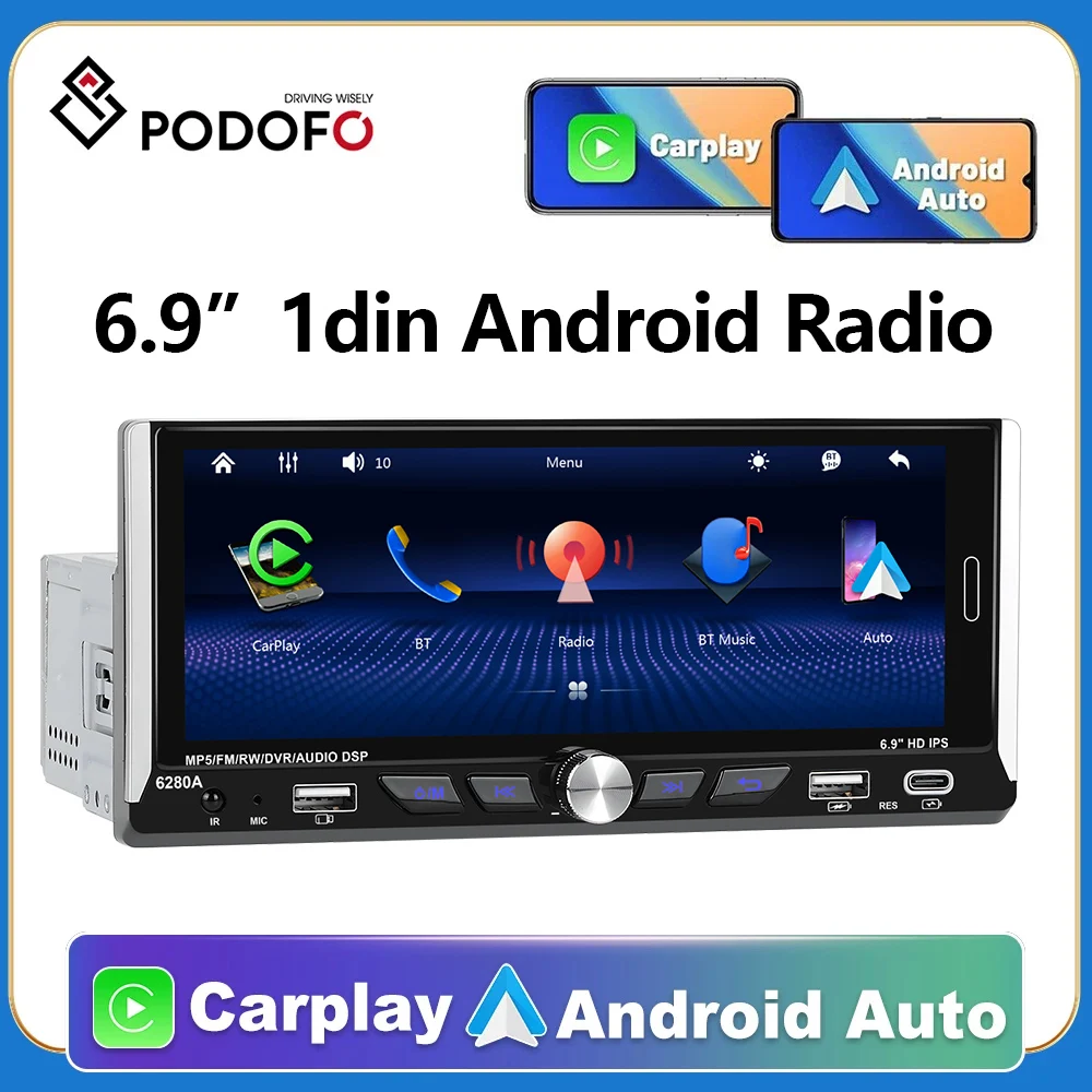 

Podofo 1din Android Auto CarPlay Radio 6.9" Universally Car Multimedia Player GPS Navigation Head Unit autoradio Stereo Receiver