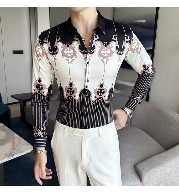 Men's Luxury Design Dress Shirt Long Sleeve Button Down Printed Shirt for Party Prom Wedding Shirt