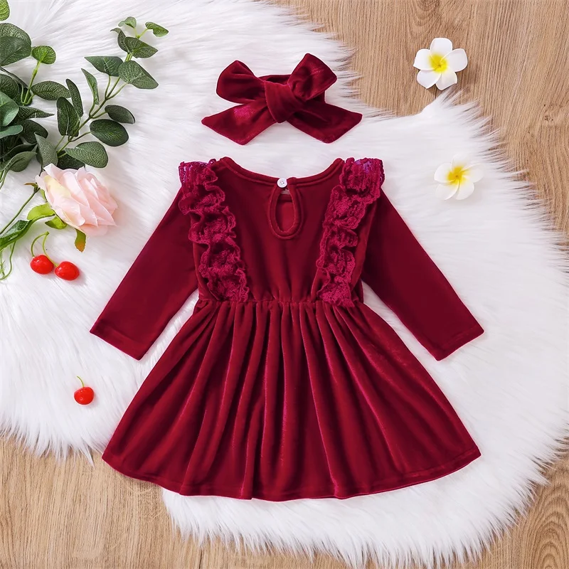 Wine Red Velvet Baby Girls Dress Flying Sleeve Kids Toddler Girls