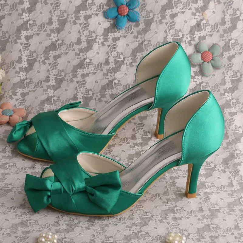 

Wedopus Peep Toe High Heels Green Shoes 2023 Women Formal Pumps Handmade Clip Shoe Bows
