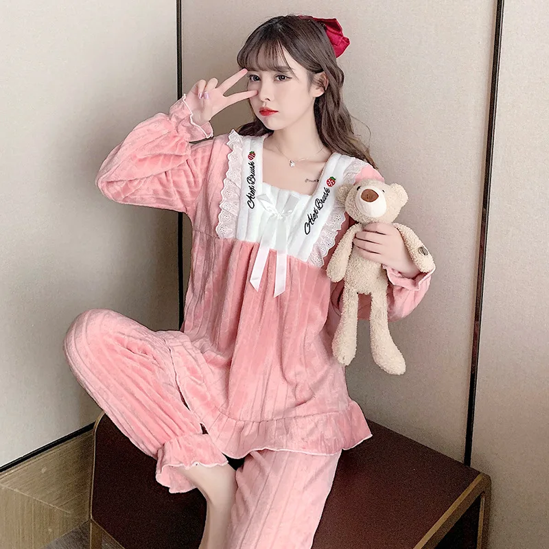 Sleepwear Women's Winter Flannel Long Sleeve Pants Thickened Home Fur Two Piece Set for Outwear