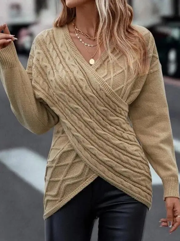 

V-Neck Long Sleeve Overlap Knitted Sweater New Fashion 2023 Hot Selling Women's Wear Set First Autumn and Winter