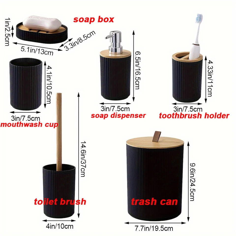 SAUMONIERES - Set di 6 accessori da bagno, portaspazzolino, dispenser per sapone, spazzatura, portasapone, portasapone, portaspazzolino e porta scopino, colore: nero