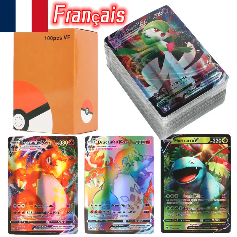 60-100Pcs French Pokemon cards Anime Pikachu Dracaufeu Vmax V Arceus Vstar  Shiny Card Birthday gift for children