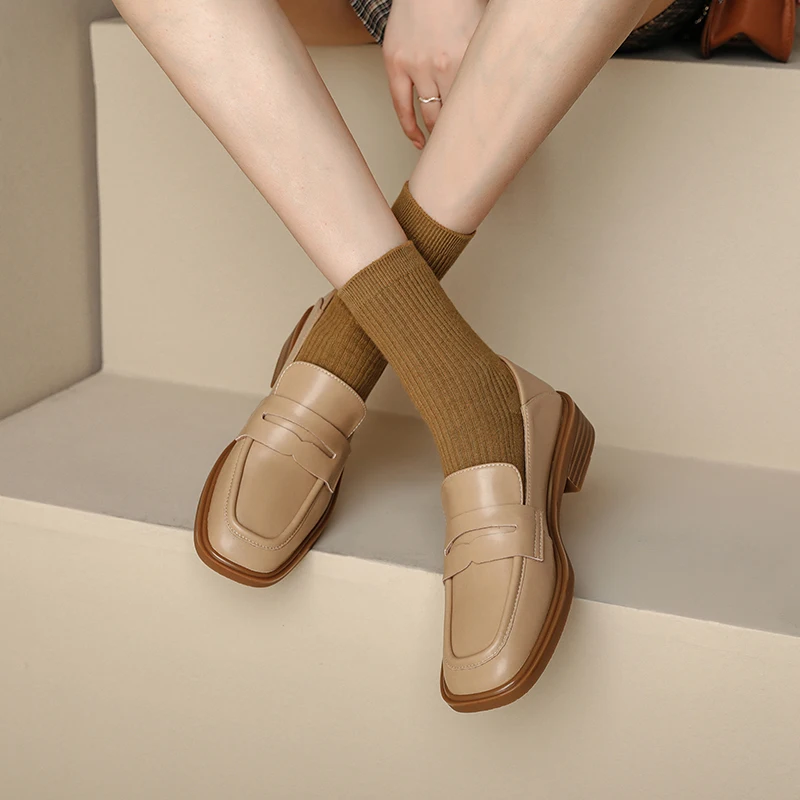 

MythLuo Platform Loafers For Women Chunky Heels Shoes Flat Shoes Genuine Leather Round Toe Thick Sole Ladies Causel Shoes Retro