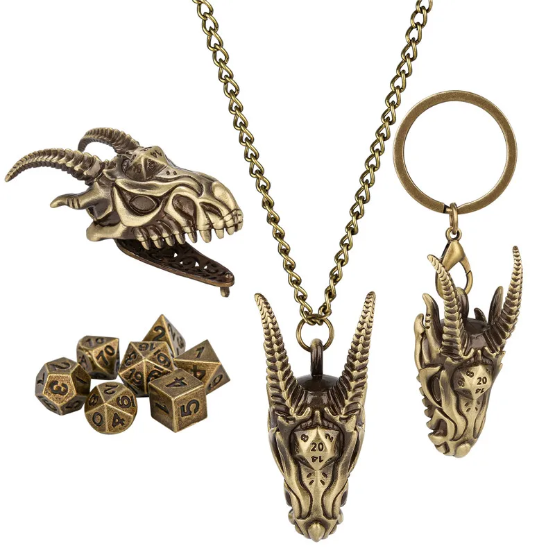 7pcs/set Tiny Polyhedral Dice with Pendant Key Ring Metal Dragon Head Case Role Play Gaming Dices Storage Case Necklace Chain