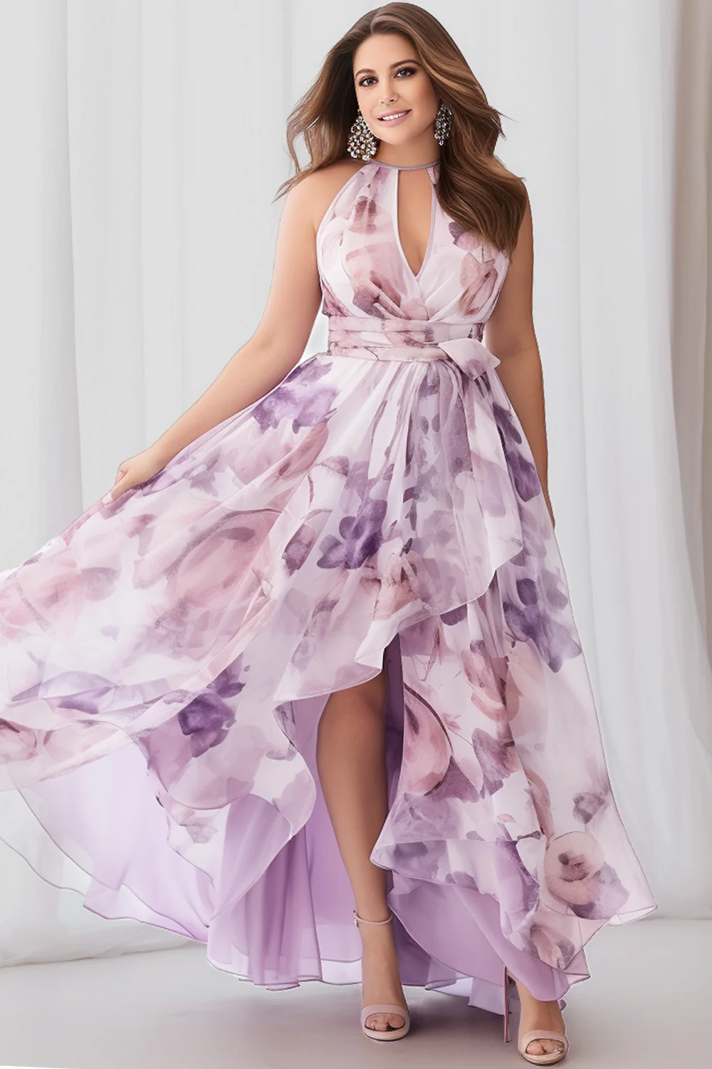 Easter Escote En V Maxi Gasa Vestidos Con Cremallera En Espalda Lavanda Tallas Grandes