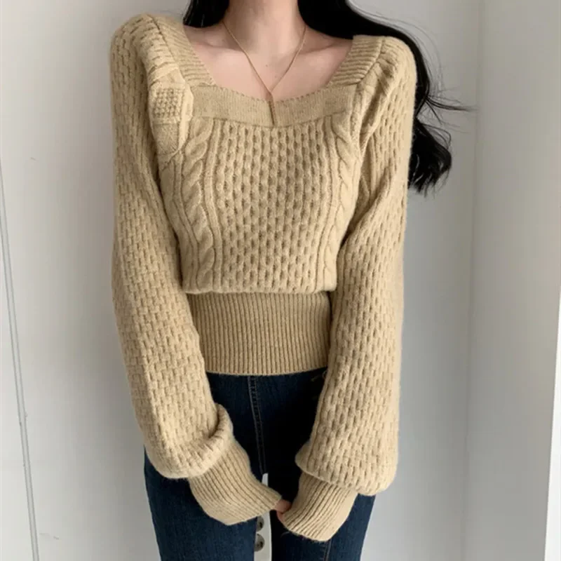 New Women's Lantern Sleeve Knitted Long Sleeve Sweater Fashion Square Neck Casual Loose Women's Solid Color Sweater