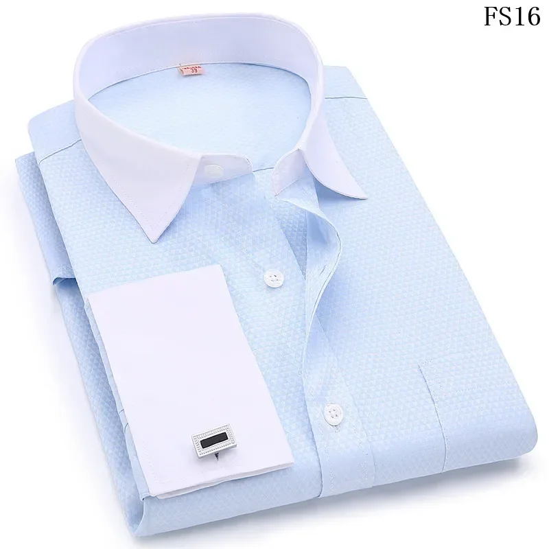 Large size Men French Cufflinks Shirts White Collar Design Solid Color Jacquard Fabric Male Gentleman Dress Long Sleeves Shirt