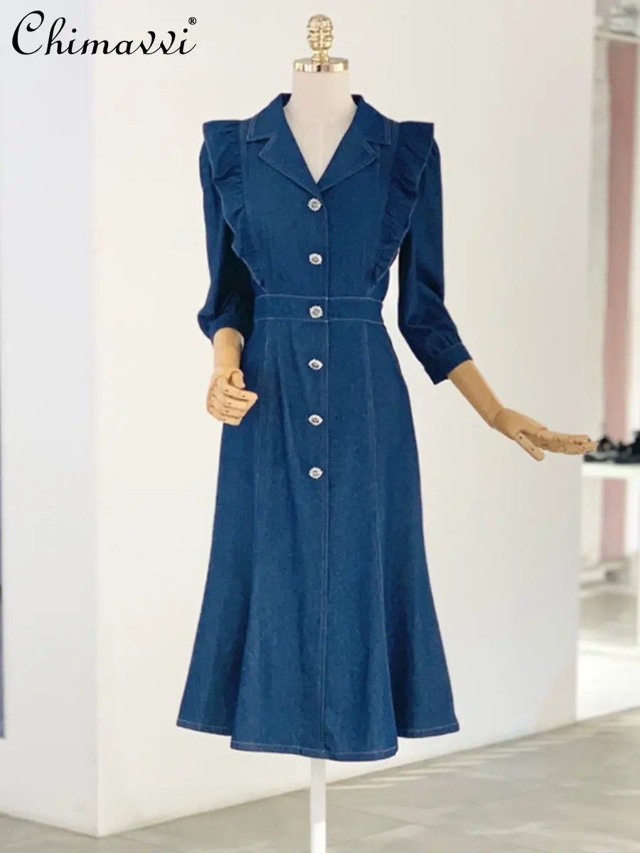 

Fashion Trendy Ruffles Slim Waist Mid-calf Denim Dress 2023 Spring Women's New Elegant Sweet 3/4 Sleeves Casual Long Dress