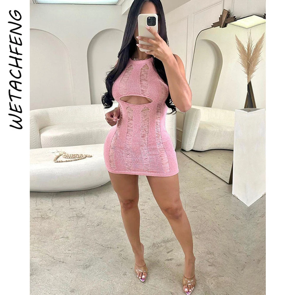 

Sexy Hollow Out Knitted Sweater Dress Women Summer O Neck Skinny Slim Mini Club Dress 2023 Streetwear Perspective Female Clothes