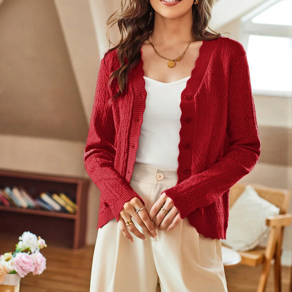 KK 여성용 니트 스웨터, 할로우 아웃 가디건, 긴팔 V넥, 싱글 브레스트, 단추 업 스웨터, 니트웨어 스트리트웨어