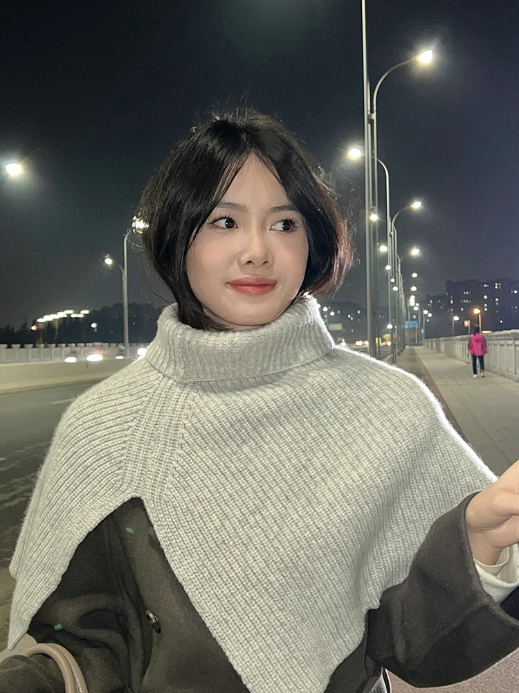 여성용 100% 울 짧은 판초 터틀넥 숄 랩, 두꺼운 갈비뼈, 니트 액세서리 케이프, 소프트 울 스카프, 넥 워머 카파 2023