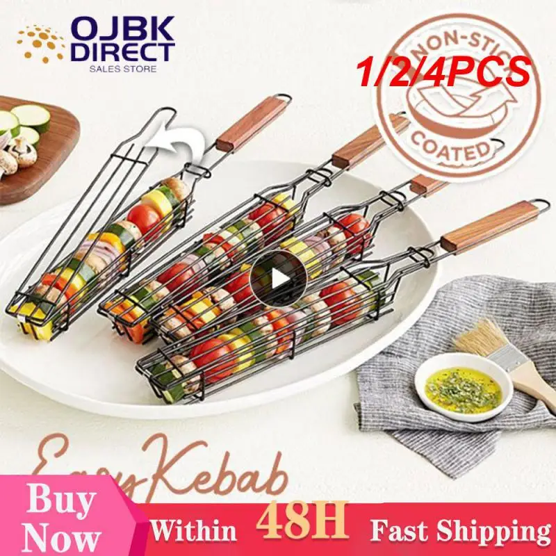 Barbecue Basket Bar Shape Iron And Steel Wire Wood Skewer Portable BBQ Grilling Basket Bar Kabob BBQ Grilling Tools