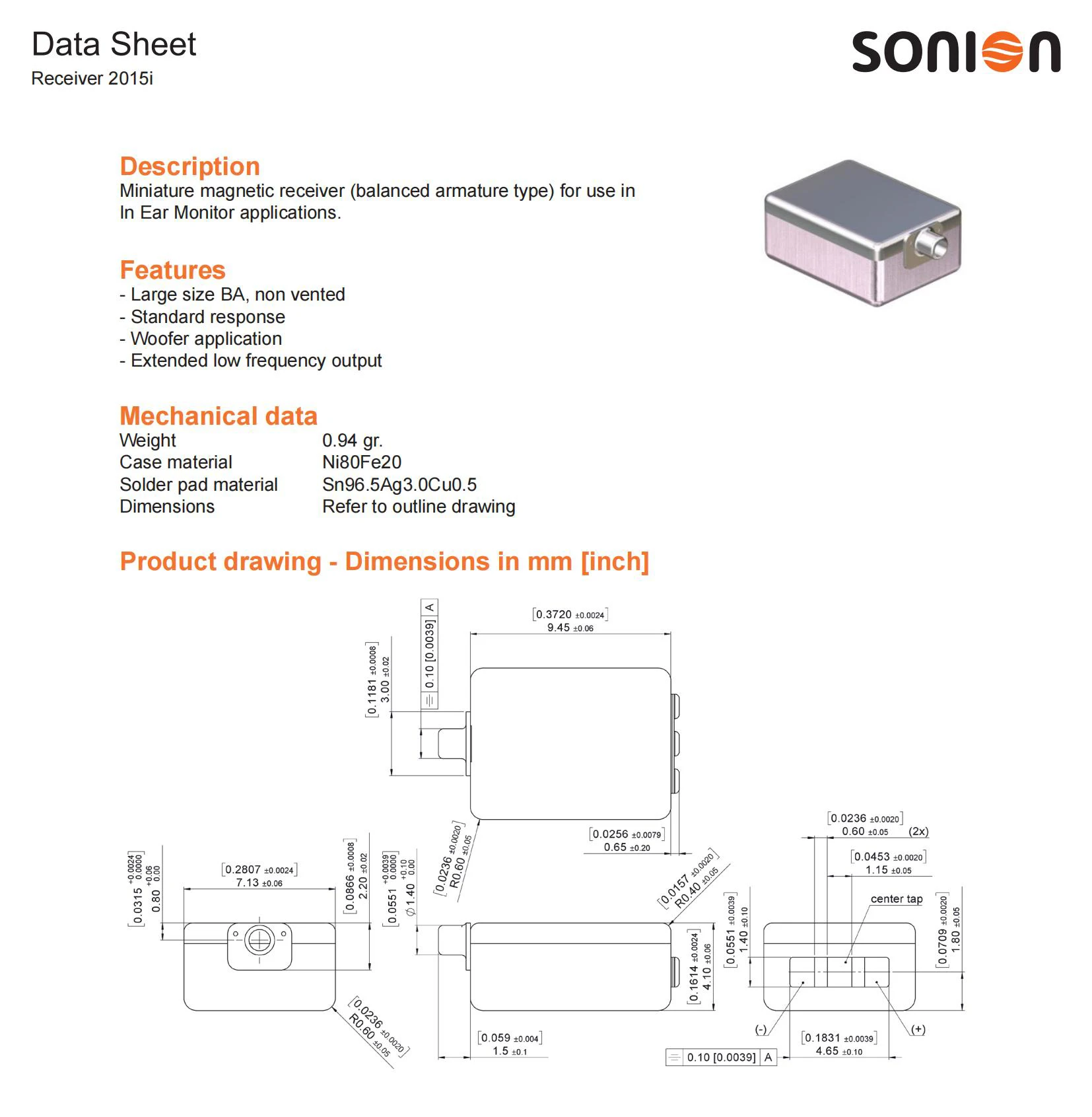 1pcs Sonion 2015i In Ear Monitor Bass Driver Balanced Armature Receiver Speaker Low Frequency DIY Eearphone