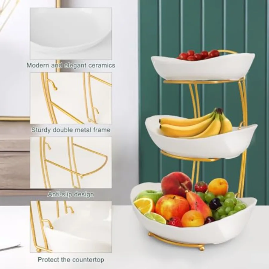 3 Tier Fruit Bowls for Kitchen Counter White Ceramic Serving Bowls with Gold Metal Stand Tiered Fruit Basket Display Rack for F