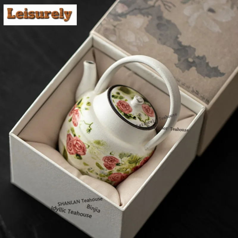 175ml Oil Painting Rose Porcelain Handle Teapot Zen Tea Infuser Pot Tea Making Kettle with Filter White Tea for Tea Ornaments