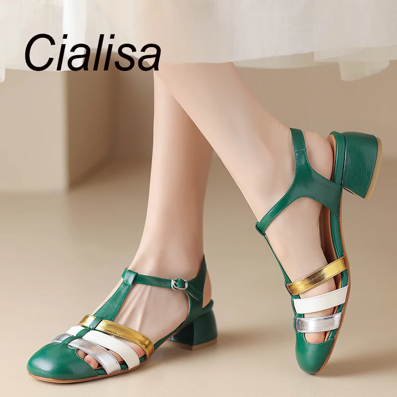 

Cialisa 2023 New Style Sandals Genuine Leather Fashion Mixed Colors Women Shoes Summer Buckle Strap Mid Heels Handmade Sandal 42