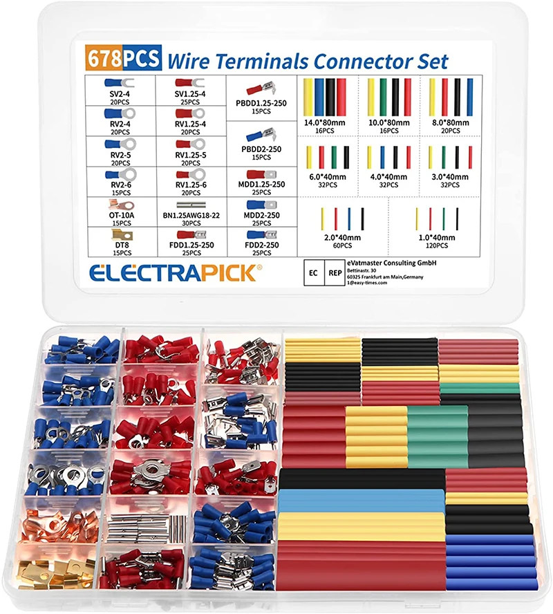 

ELECTRAPICK 678Pcs Insulated Spade Crimp Terminal Butt Electrical Wire Cold-Pressure Terminal Set+328pcs Heat Shrink Tube Sleeve