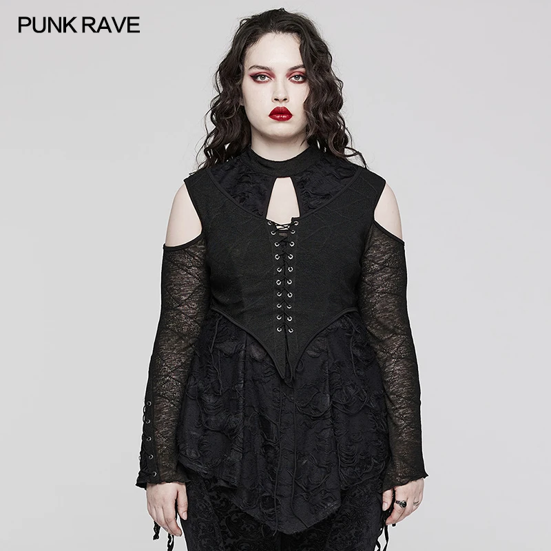 PUNK RAVE Women's Gothic Drop-Neck Daily T-Shirt Elastic Rose & Texture  Knitting Splicing Personalized Dark Tops Autumn/winter