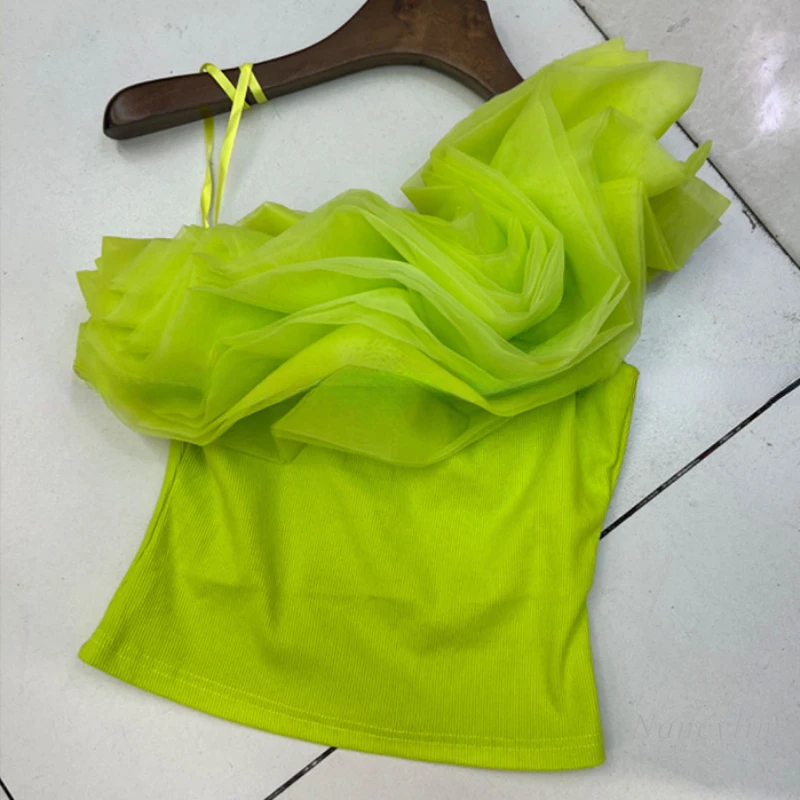 

2024 New Korean Style Design Inner Shoulder Ruffled Short Tank Younger Fashion Corset Top Hot Girl Summer Holiday Seaside Top