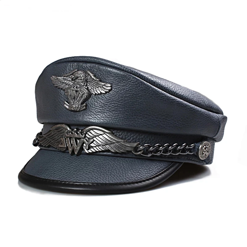 Niemieckie czapki wojskowe męskie oryginalne skórzane płasko zakończony  czapki nowość Royal Blue pierwsza warstwa skóry wołowej kapitan General  Navy Chapeau Mal| | - AliExpress