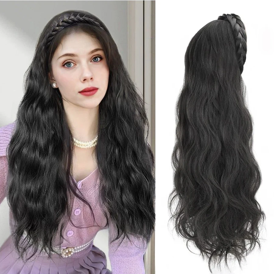 

Synthetic long 22inch water wave curly half wig fishbone headband wig clip in hair extenstion brown black