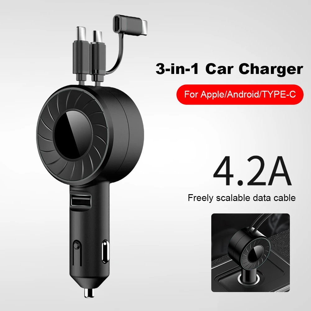 3in1CarChargerUSBCableRetractableFastChargerAdapterUSBType