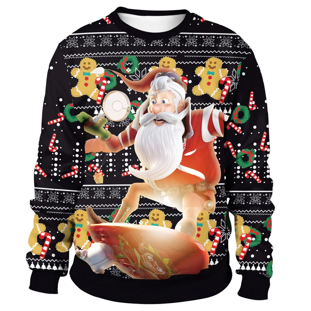 thumbnail image 1 of Sudadera navideña para hombre y mujer con estampado 3D de El hombre de jengibre, copos de nieve, reno, Papá Noel y pingüino, 1 of 5