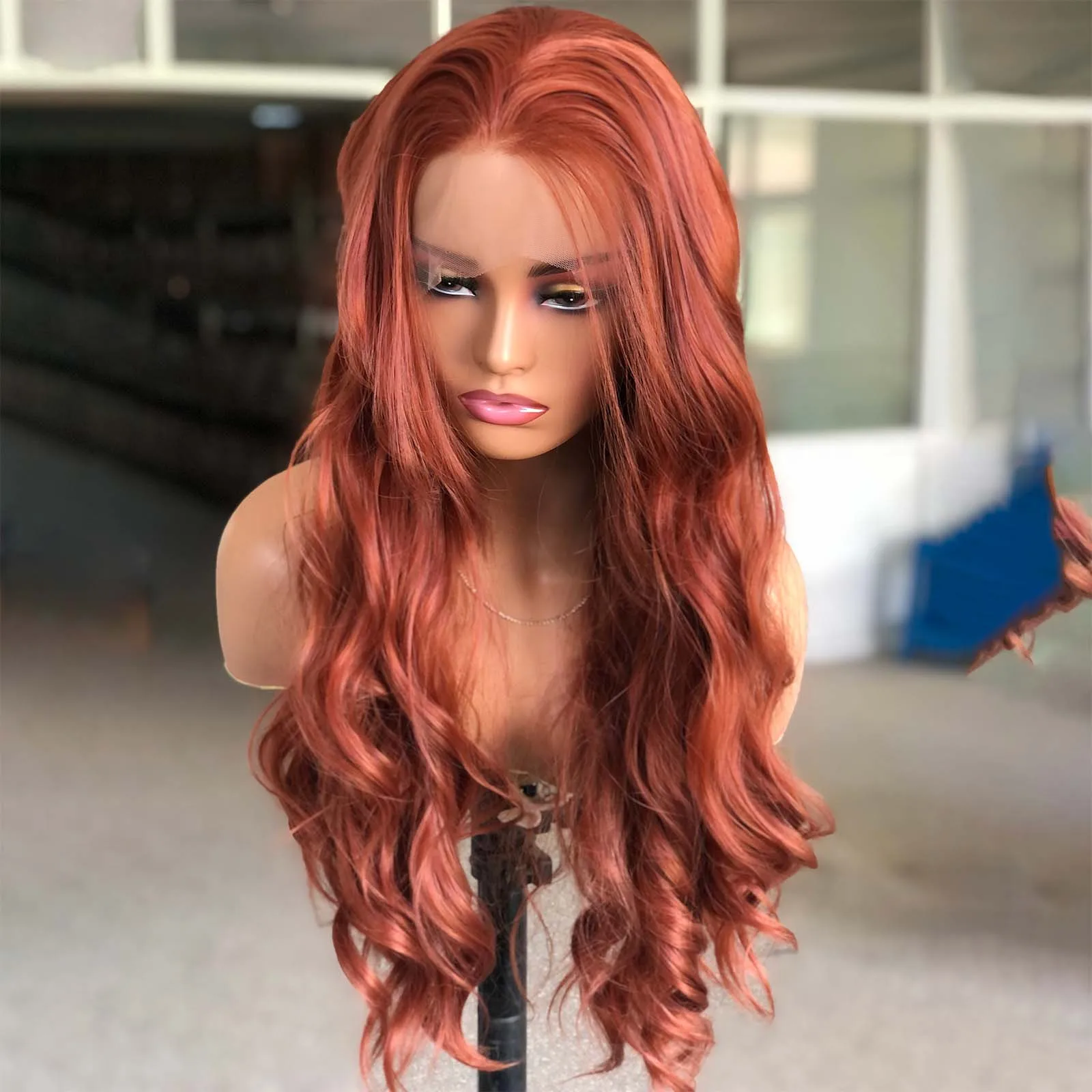 Copper Red Wig Long Wavy Synthetic Lace Front Wig Glueless