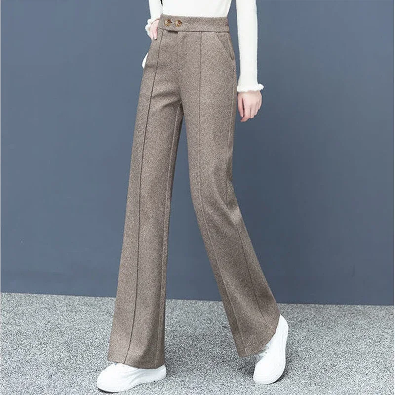 Women Winter Casual Big Size Thick Wool Blend Straight Pants New High Waist Loose Trousers Korean style Woolen Wide Leg Pants