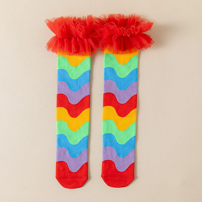 2026 neue Frühjahr Mädchen Kniehohe Socken 3-8T Welle Regenbogen Kinder Strümpfe Dünne Spitze Herbst Kinder Leistung in Rohr Socken – Detail 6