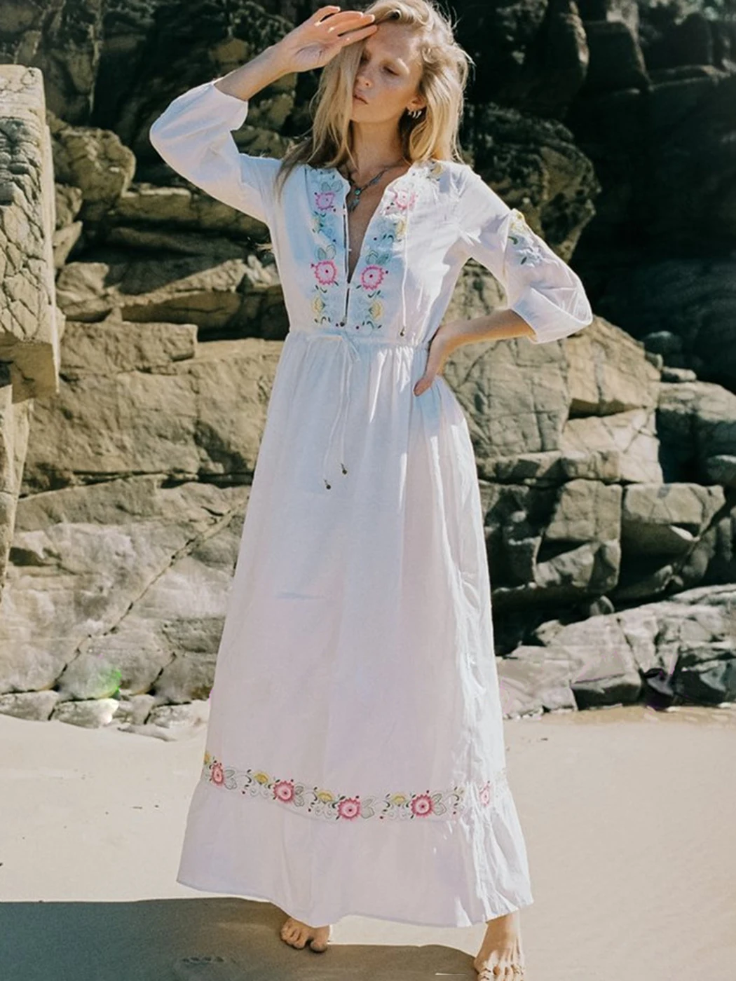 

Jastie Vintage Chic Spring Maxi Dress Women Floral Embroidery V Neck Lantern Sleeve Drawstring Waist Vestidos Boho Beach Dresses