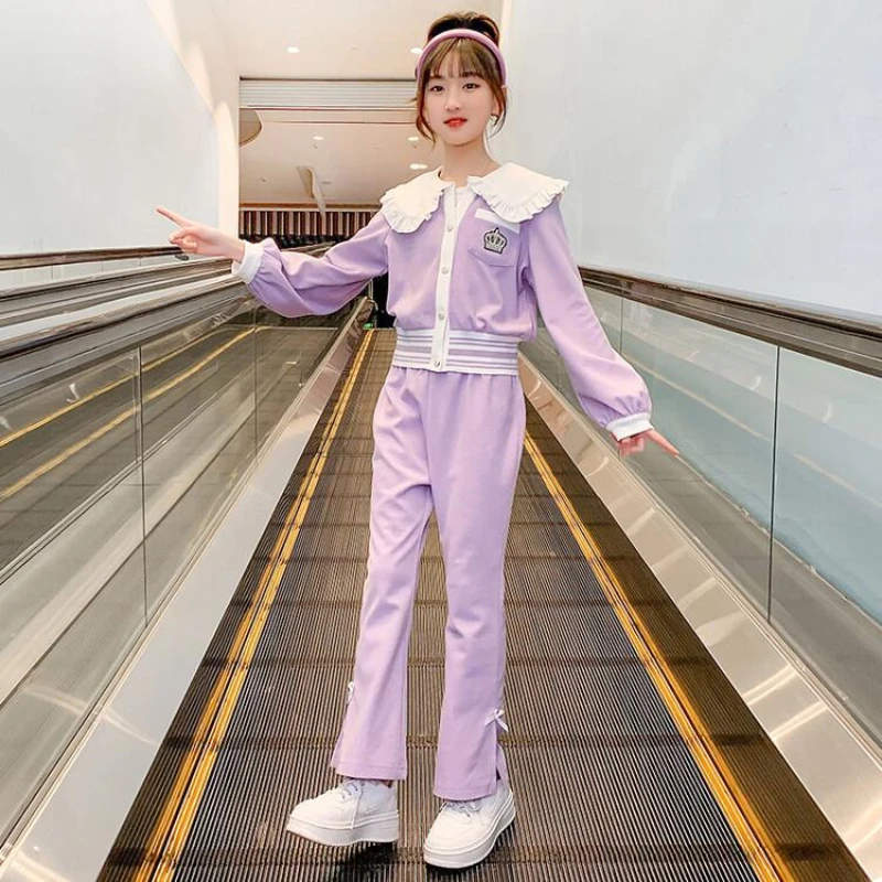 

Girl's Suit Spring and Autumn New Girl Sports Fashion Small Fragrant Wind Long Sleeve + Wide-leg Pants Two-piece Set