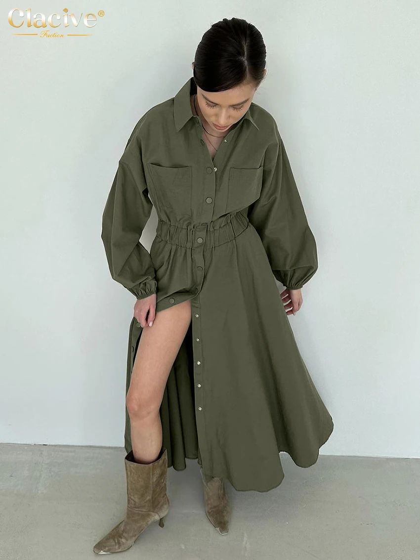

Clacive Fashion Loose Green Women Dress 2024 Elegant Lapel Puff Sleeve Ankle Length Dresses Casual High Waist Slit Female Dress