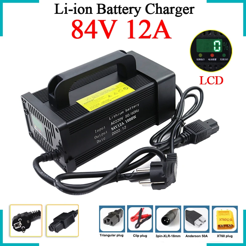 

84V 12A Lithium Battery Charger Aluminum Shell LCD Display With Fan For 20S 72V E-bike Scooter etc Li-ion Cells Fast Charging