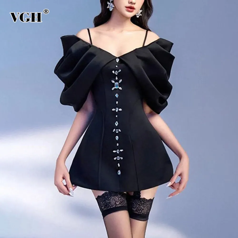 

VGH Solid Patchwork Diamonds Elegant Dress For Women Slash Neck Raglan Sleeve High Waist Temperament Dresses Female Fashion New