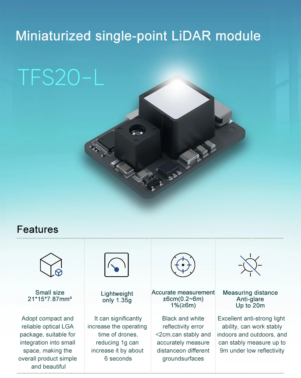 Benewake TFS20-L Miniaturized Single-Point LiDAR Module 20M Detection Range UART