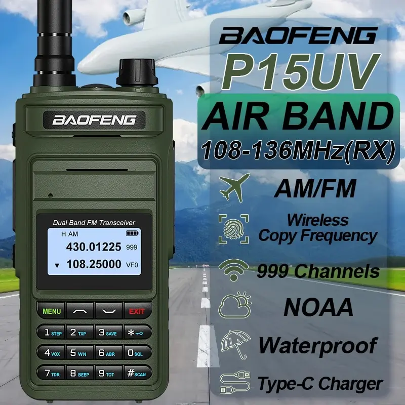Baofeng Walkie Talkie P15UV Air Band FM/AM Dalekiego zasięgu Bezprzewodowa częstotliwość kopiowania NOAA Wielozakresowe radio dwukierunkowe Radio Ham Radio typu C