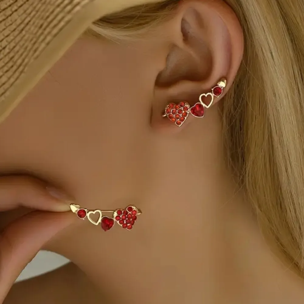 Inspirational Fashion Design Ear Bone Arch Dangle Earrings for Women Red Heart Zircon Stud Earring Party Jewelry Gifts